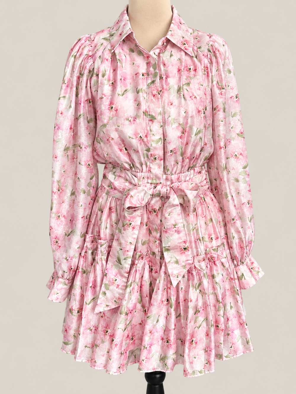 En Saison Pink Floral Satin Tiered Shirt Dress Puff Sleeve M